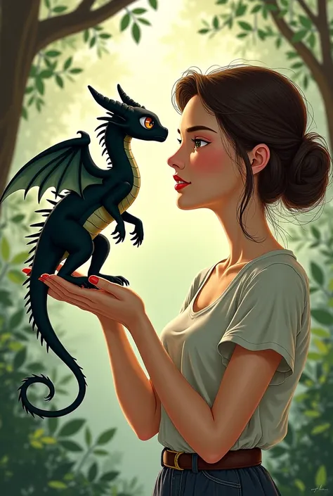 A woman and a little black dragon in the style of a 2D drawing