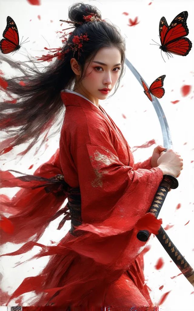 A hyper-realistic image of a breathtakingly beautiful Japanese female samurai with striking red eyes and flowing black hair, wearing an intricately detailed red kimono adorned with subtle golden embroidery. Her expression is fierce yet graceful, embodying ...