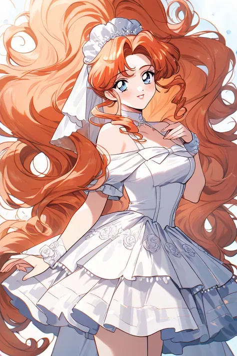 Most beautiful woman in the world, orangey hair, redhead, curly hair, absurdly long hair, 90s, hair cascates down her body, frizzy hair, volumous hair, rosy cheeks, light skin, pale blue eyes, gentle, kind, white dress, idol style clothing, totally white c...