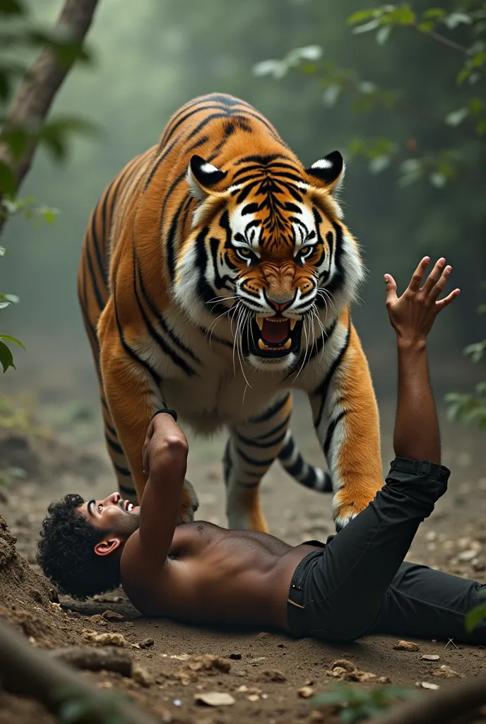 Image Prompt: The tiger attacking the friend lying on the ground, with the tiger's claws and teeth visible, as the friend tries to protect himself.