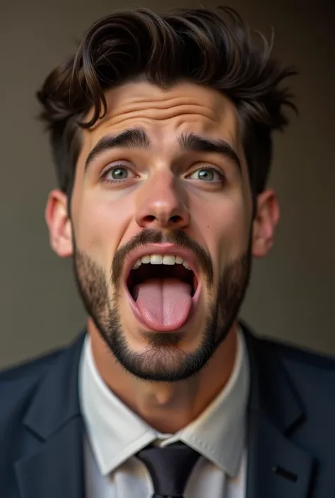 Can you

Young very beautiful attractive with a suitable higher golden ratio
Beautiful chin with beautiful very little  beard and little moustache , very handsome man sticking out his normal tongue forward out of mouth stylishly realistic image please...

...