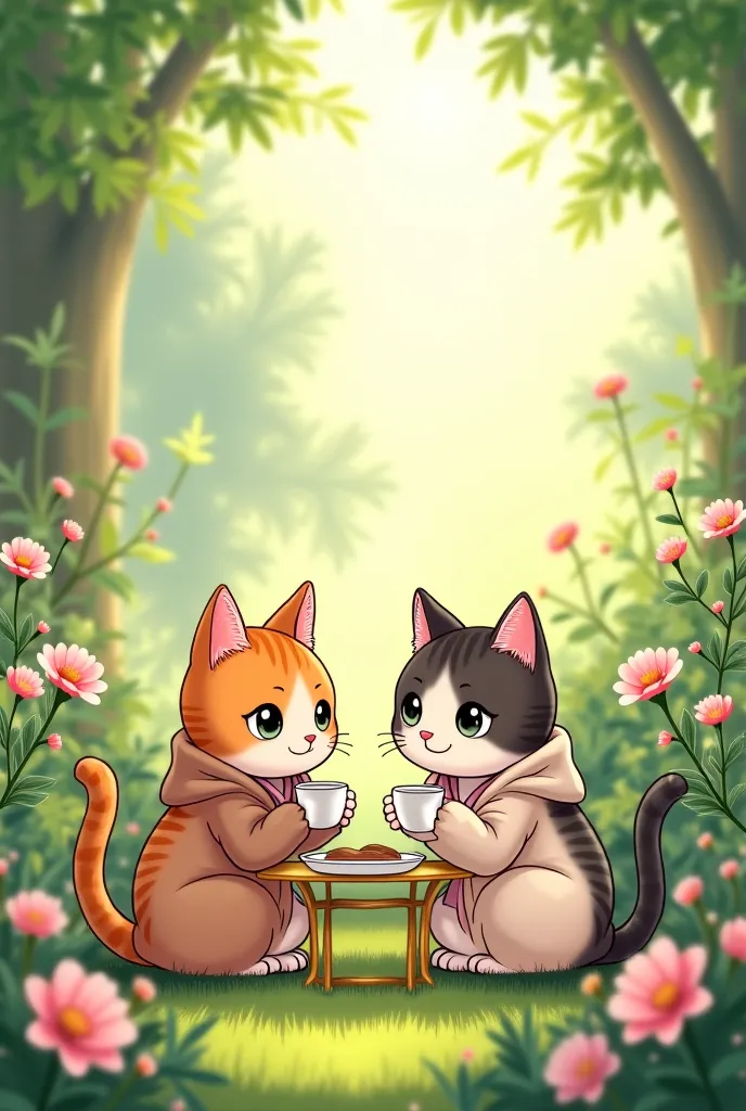 Human cats drinking morning coffe in garden, japanese anime style