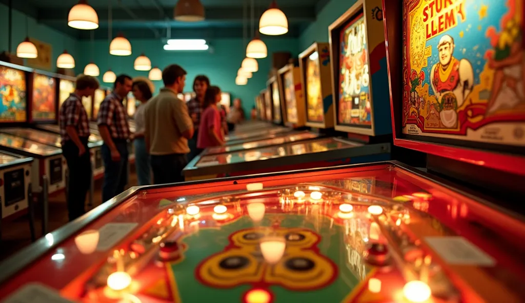 A lively 1960s arcade filled with the warm glow of vintage pinball machines, their glass surfaces reflecting neon lights. The first-person POV captures a hand gripping the flipper button of a classic pinball machine, ready to make the next move. The playfi...