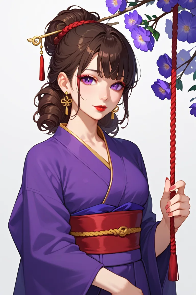  A  sexy asian woman, big dark purple eyes with red makeup, 32 years old, dark brown hair, curly bangs, fringe, red lipstick, very small brests, light silk short dark-purple kimono, golden earrings, red obi belt with golden rope knot, japanese traditional ...