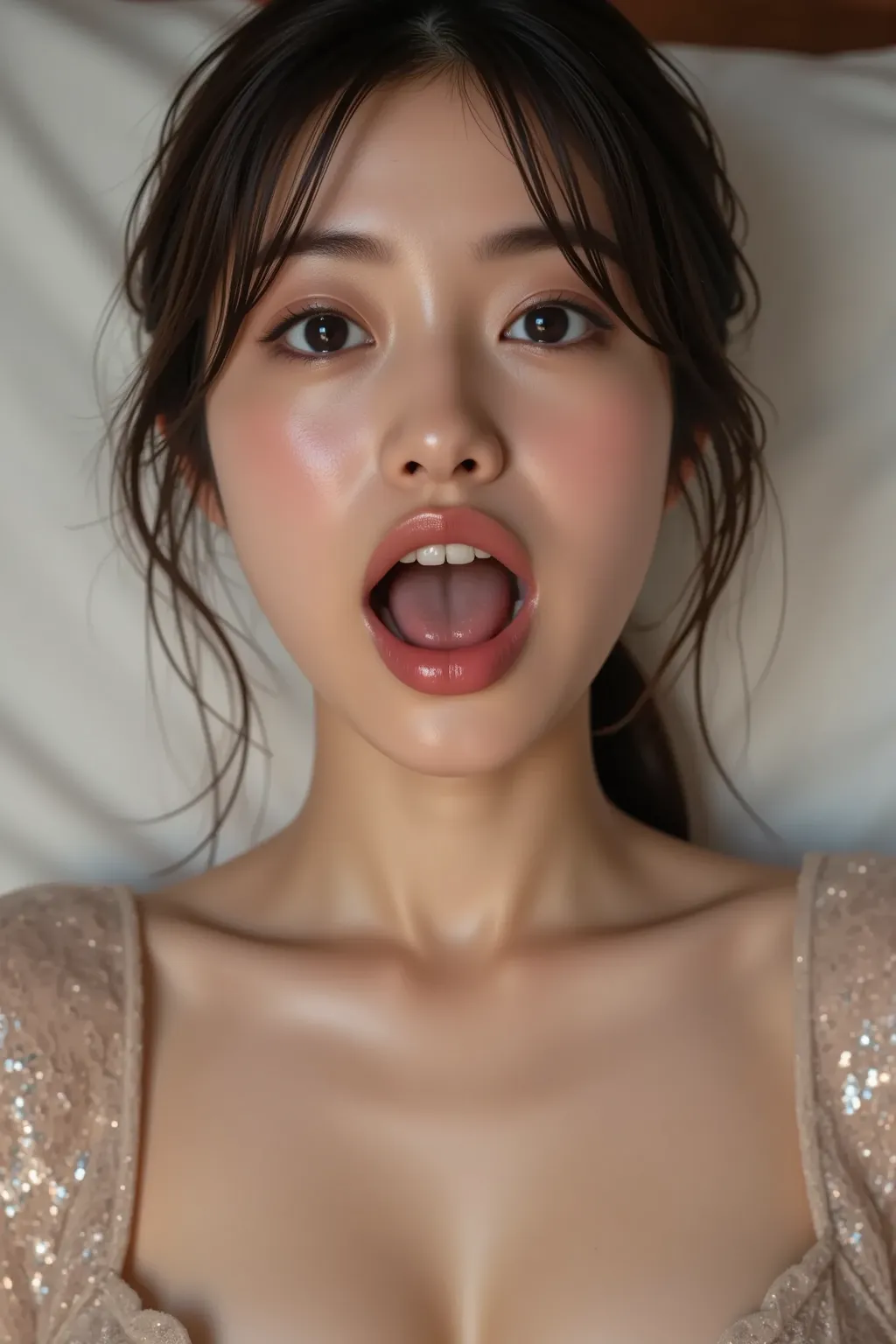 1woman, Mouth open, on the bed at night, (((Super enlarged photo of a Japanese sexy and beautiful woman's face with Shoulder knit))), ((Intense Orgasms)), Turn your face upwards, Ultra zoom-up mouth , Focus on the mouth , Focus clearly on your mouth, red g...