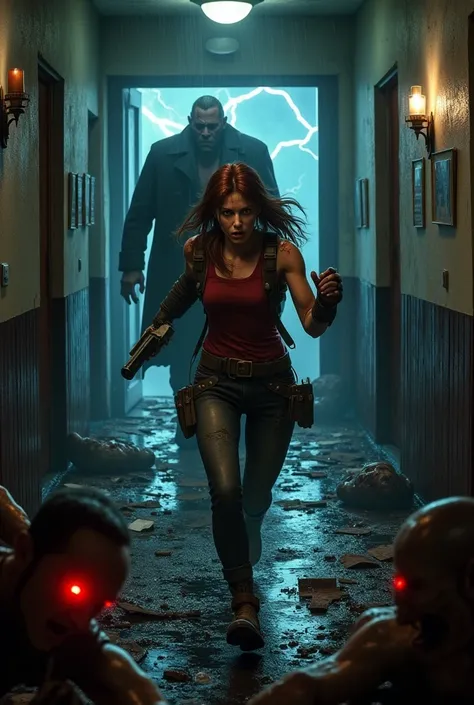 Claire Redfield) in the center of the image, with a face covered in sweat and an expression of urgency as he runs down a dark and shattered corridor of the Raccoon City police station. He holds a gun with the flashlight on, illuminating the road, as the sh...