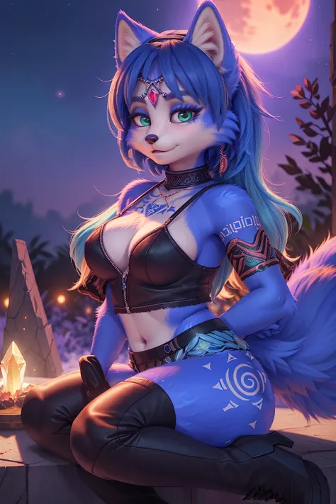 a portrait of   ((krystal)), Star Fox-Krystal, lovable,   green eyes, ((( Long blue hair 1 .3))),  cleavage, anthro, blurred,  detailed Fluffys fell, detailed face, (Fluffy),   1 girl, ,woman, Goth,   green eyes, Undercut, ultra-realistic 8k CG ,  masterpi...