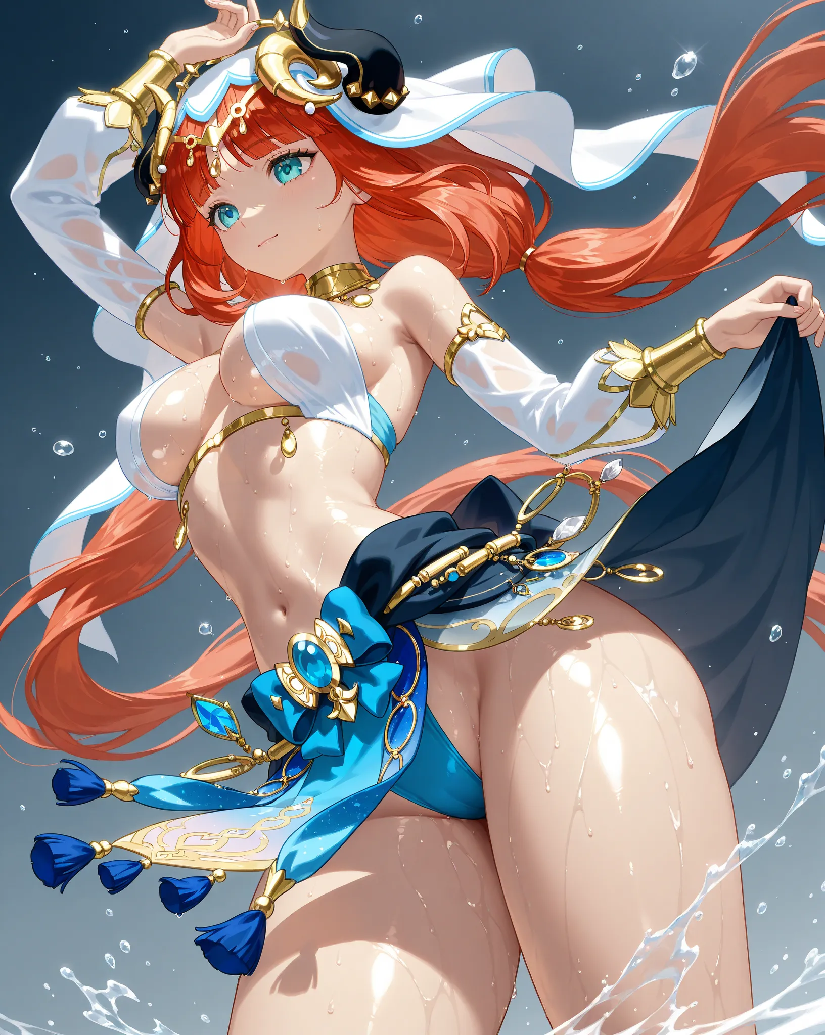  Genshin、 Nilou、best image quality、  best thighs、beautiful breasts、winks😉、shiny skin、 are dancing、Wind Force 、wet body