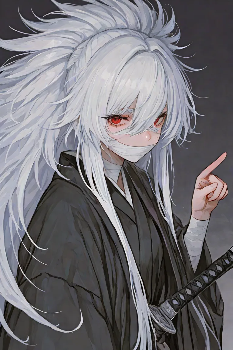 A character with STRAIGHT AND LONG HAIR longer than her, has 1,68 tall, white hair color, has a band on the face and on the side of the eye, Do you have a black sword, Pointing to the side, Wear a black kimono, open kimono, Big hair 2,50, bandaged side of ...