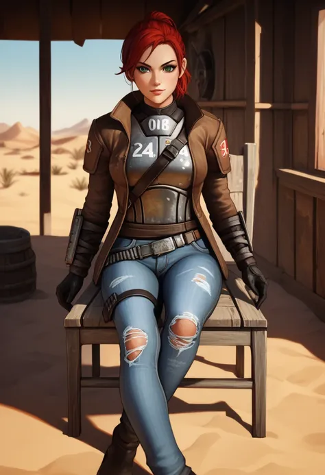 1girl, red hair, medium hair, sidelocks, ponytail, green eyes, desert ranger armour, fallout new vegas ranger attire, belt, torn jeans, gloves, brown jacket, gloves, desert, chair, hut, sitting, looking at viewer, cowboy shot score_9, score_8_up, score_7_u...