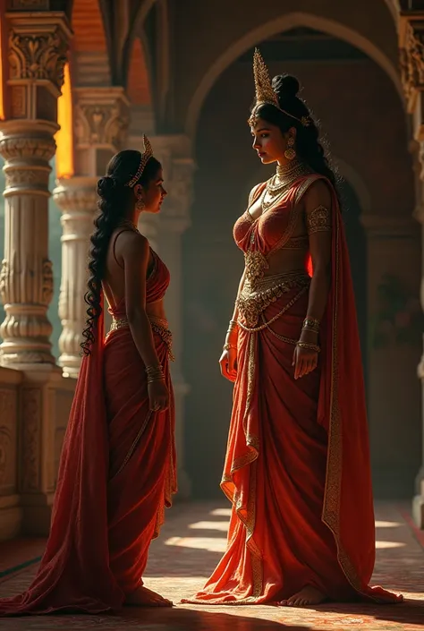 Ancient hindu queen with big breasts and curvy body giving advice to another ancient hindu Princes, inside a dimmed room of ancient Hindu Palace 