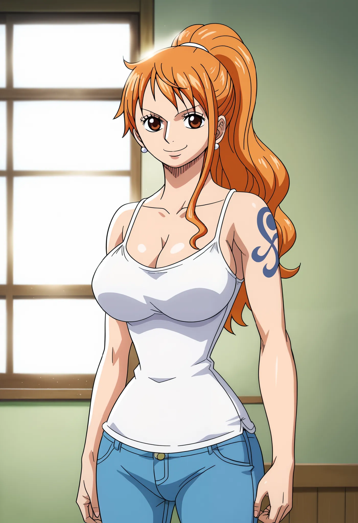 score_9_up, best quality, cowboy shot, anime_source, anime style, (SOLO:1.7), 1girl, Nami, orange hair, (white comesole:1.4), morning, (ponytail:1.7),  (serious smile:1.3), (curvy body:0.7),), (slightly looking at the viewer:1.2) (Medium breasts:1.5), jean...