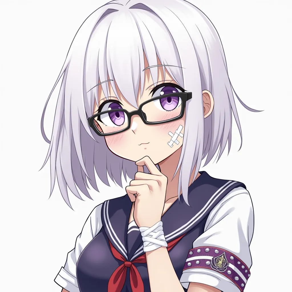 An albino girl in the style of the manga Jibaku Shounen Hanako-kun, with totally white hair, long to the hip and side fringe. Her eyes are light purple and she wears black glasses. on the face, has three scars: two on the right cheek and one on the left. T...