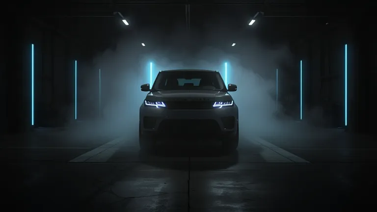 A cinematic ultra-HD 8K shot of a pitch-black high-tech garage, completely silent. The camera holds a still frame, focusing on the faint silhouette of the 2025 Range Rover Sport hidden in darkness. Suddenly, the LED daytime running lights ignite with a raz...