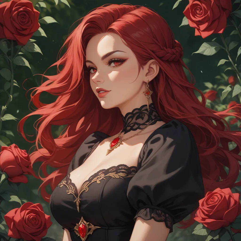 A woman in a round gold frame decorated with roses、red rose,A woman faces the front and smiles triumphantly 、long red  hair、 the wind is blowing 、 red eyes、beautiful、high quality、alone、black dress、devil