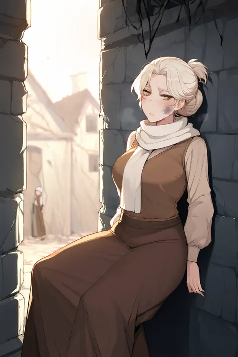 Female, White short messy hair tied in a bun, shine body, crystal yellow eyes, white scarf on her head, Shy look, dirty face, reddish face, white dirty shirt, brown vest, brown long skirt, leaning against the wall, the background is a room in a ruined hous...