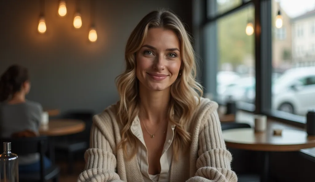 A person politely declining an invitation with a warm but firm expression, sitting in a quiet, minimalist cafe. Their relaxed posture reflects confidence in setting boundaries and protecting their time.