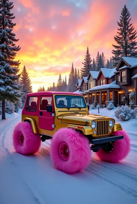 A golden pink jeep with fluffy pink fur wheels parked on a snow-covered street at sunrise. The vehicle's body is painted gold, accentuating its distinct design style. Surrounding the scene are buildings, green pine trees, and a vivid spectrum of colors in ...