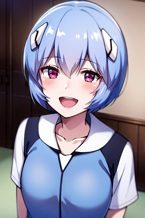 ((Highest quality)), ((masterpiece)), (be familiar with), perfect face, indoors, bedroom, watching viewers,
One woman, Rei Ayanami,
open mouth, ecstatic expression, blush, smile,
 small tits, flat chest, Young girl,  lori,  ,  girl,
Short Hair, short hair,...