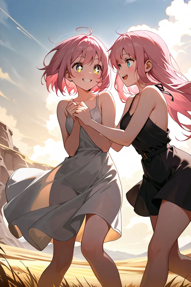 ((((  masterpiece)))), (((( top quality)))),  High Resolution,fine grain, detailed faces,2 girls completely naked, Gold,long hair,another々,pink hair,short hair, sparkling eyes,dress,smile,Line up in twos, standing,Clear skies,Plains, playing , action,anime...