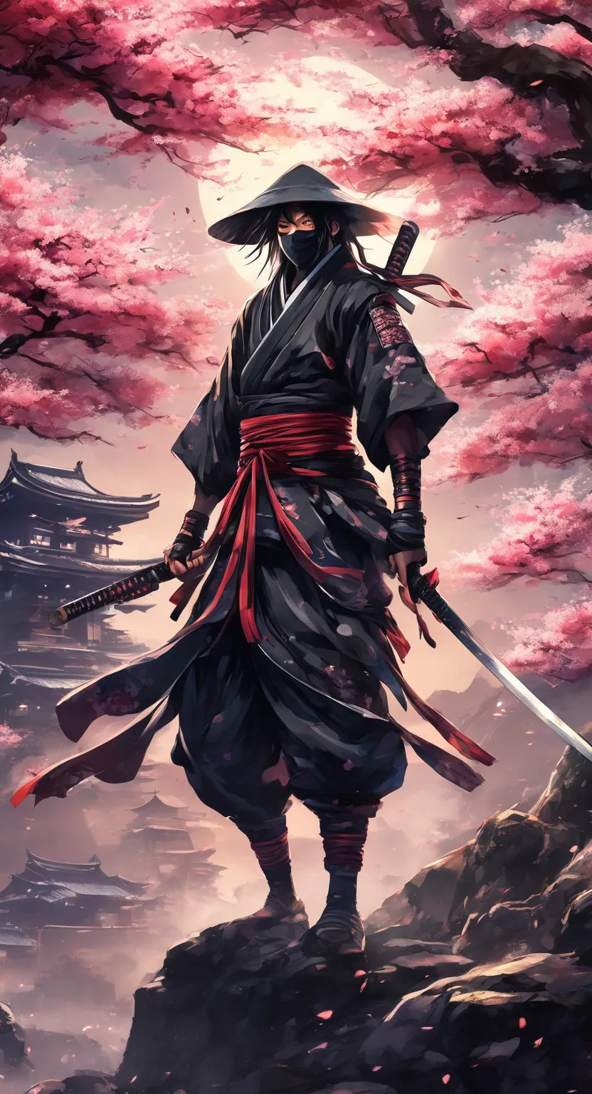 An ancient Japanese ninja soldier in a dynamic anime style, standing in a powerful and agile stance, wielding dual katanas (Japanese swords) with precision and skill. The ninja is dressed in traditional dark, layered clothing, featuring deep black and gray...