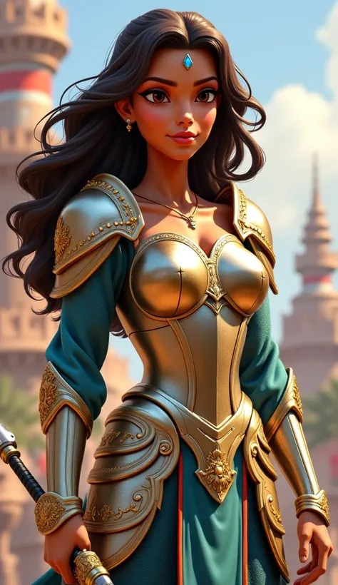 A Disney warrior princess who challenges traditional standards of femininity and strength. She wears delicate armor, designed with soft forms and artistic details that reflect her cultural heritage. The metal is light and resistant, decorated with subtle f...