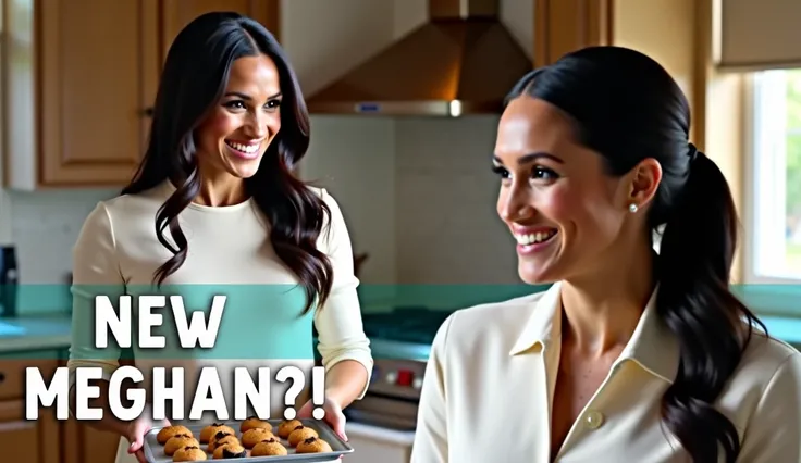  Meghan Markle smiling in a cozy kitchen, holding a tray of baked goods
🔹 Text overlay: "New Meghan?!" in bold, eye-catching font
🔹 A subtle split image: on one side, Meghan as a royal; on the other, Meghan in her new homemaker