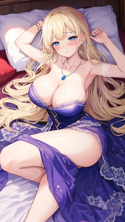 (woman with big )，Princess Violet，attractive woman，light blond long hair，blue eyes，clavicle，Gemstone Necklace， strapless，short dress，Lace，intricate details，Beautiful， temptation，is lying on the bed，(blush)，Sleepy，