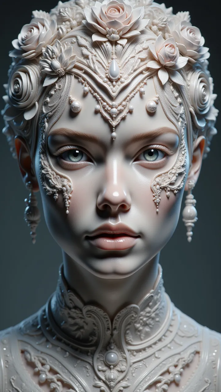 a woman with a face adorned with luxury lace and lace flowers, crystal and diamond elegant luxury portrait,cinematic lighting,intricate lace details,soft skin,piercing eyes,delicate porcelain flowercrown,baroque style, masterpiece,8K,HDR,ultra-detailed, su...