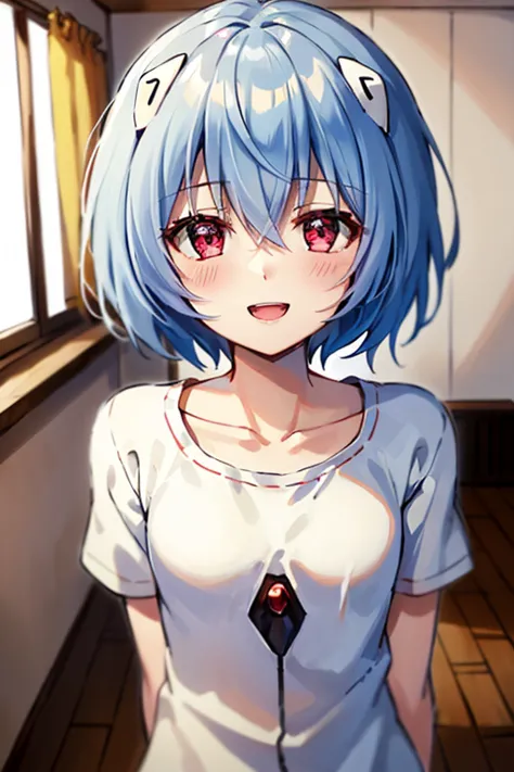 ((Highest quality)), ((masterpiece)), (be familiar with), perfect face, indoors, bedroom, watching viewers,
One woman, Rei Ayanami,
open mouth, ecstatic expression, blush, smile,
 small tits, flat chest, Young girl,  lori,  ,  girl,
Short Hair, short hair,...