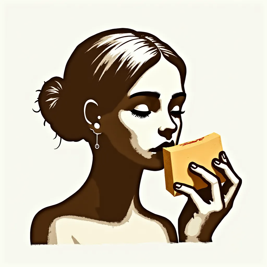 minimalist stylized and simplified painting of idealized figures. Face eating Salteña, idealized .  tunic with reduced use of sepia tones . white background.  dramatically highlight and emphasize light and shadow .  keep lines and details to a minimum for ...