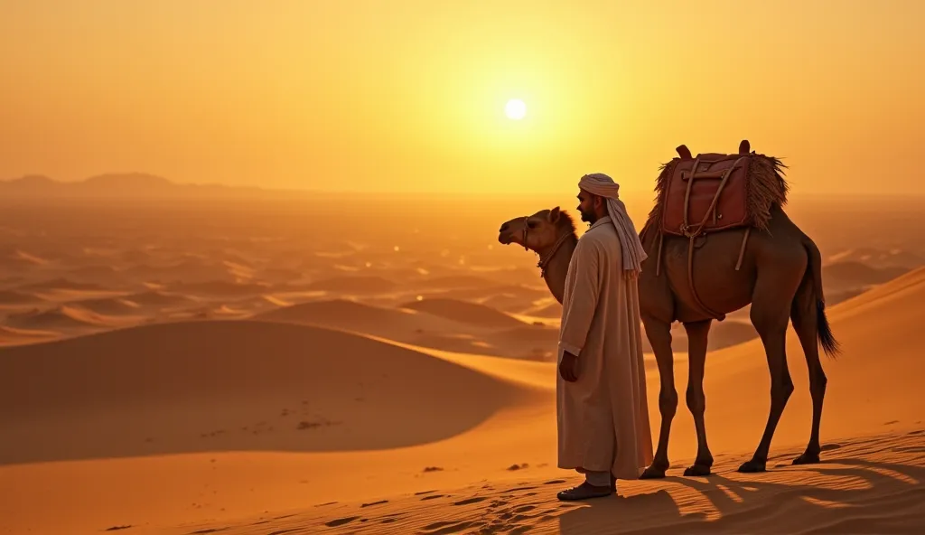 
In the heart of the vast desert, where golden sands stretch endlessly toward the horizon, Omar stands beside another man, both ready to embark on a long and challenging journey. The sun is setting, casting a warm, golden glow over the landscape, while the...