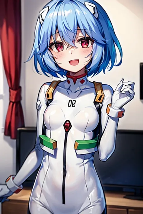 ((Highest quality)), ((masterpiece)), (be familiar with), perfect face, indoors, bedroom, watching viewers,
One woman, Rei Ayanami,
open mouth, ecstatic expression, blush, smile,
 small tits, flat chest, Young girl,  lori,  ,  girl,
Short Hair, short hair,...