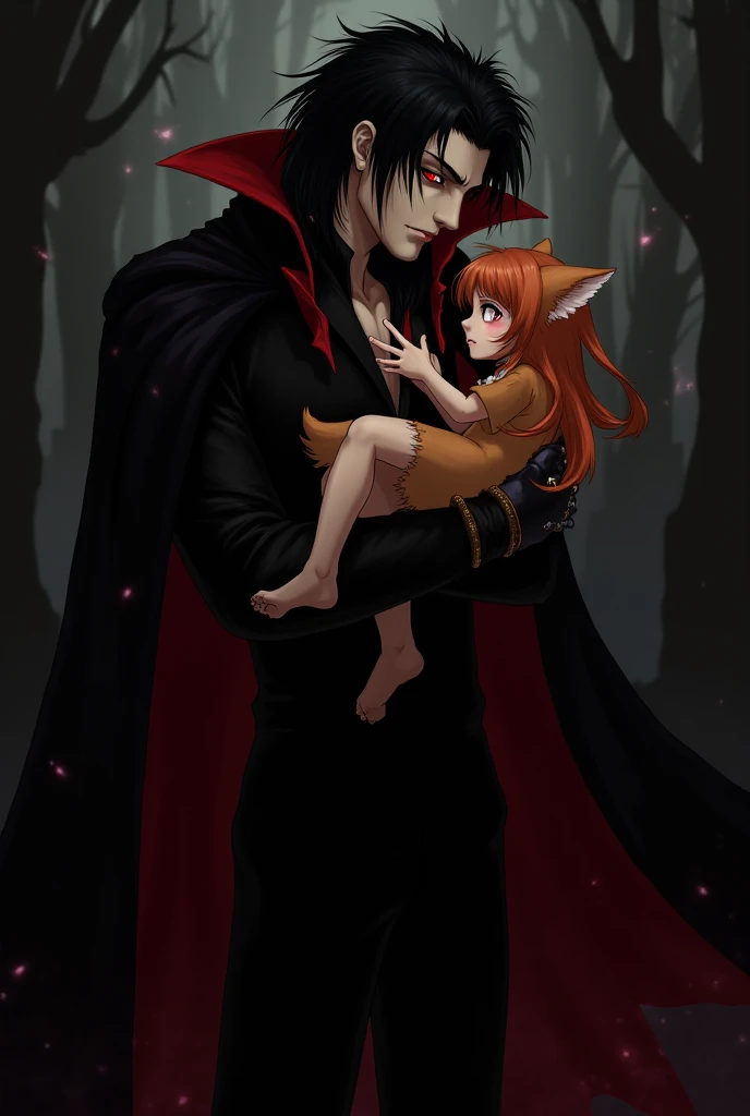 Alucard from Hellsing carry a magic girl who is a brown cute fox