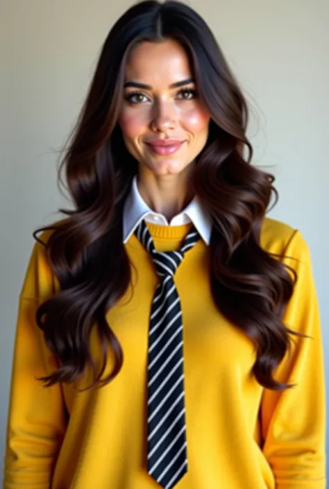 arafed woman with long hair wearing a yellow sweater and a black and white tie, a picture inspired by Elaine Duillo, instagram, tachisme, with yellow cloths, 2 , with round face, 3 0 years old woman, 30 years old woman, with accurate face, cindy avelino, 2...