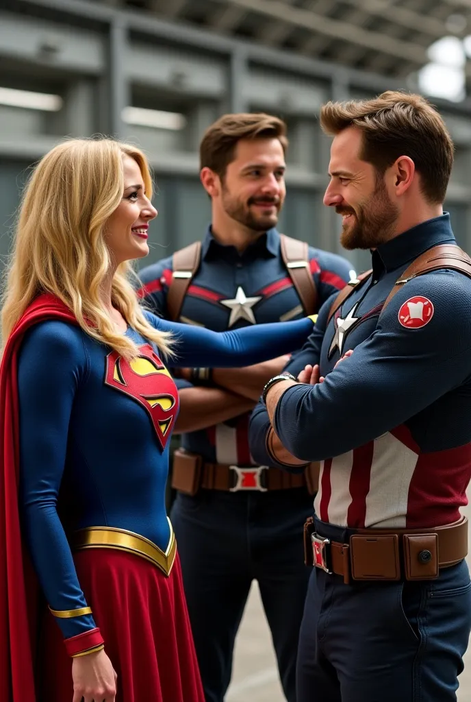 Supergirl playfully pats Iron Man’s shoulder with a smug grin, her confidence shining through. Iron Man, without his armor, looks at her with a mix of embarrassment and reluctant amusement. Beside him, Captain America stands with his arms crossed, raising ...