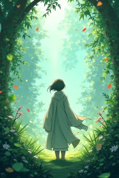 dessert, windy, greeneries growing everywhere, a powerful nature mage in the center, looking at viewer, leaves floating, levitating, in anime art style, hdres, wallpaper