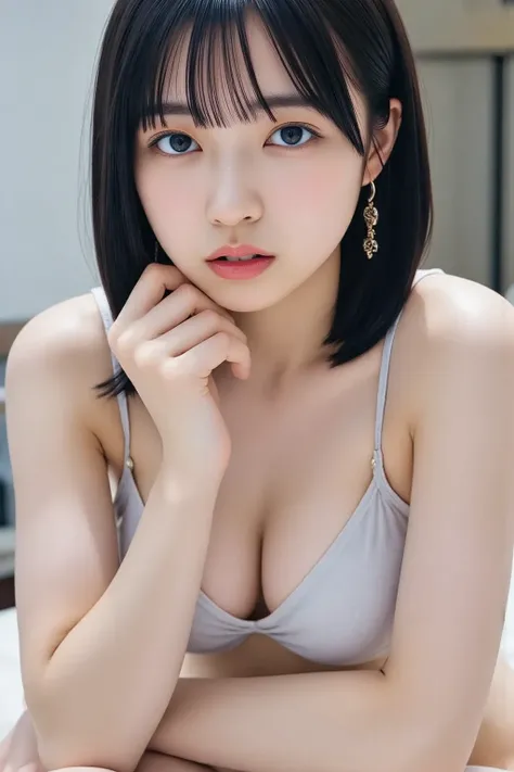 A young and beautiful Japanese female idol is in a horny position wearing a shirt, ((I'm picking my nipples from the top of my clothes:1.5)), At the company office自分の胸を揉む,  half-open mouth, Drooping eye corners, Blank face, upscale high resolution photo va...