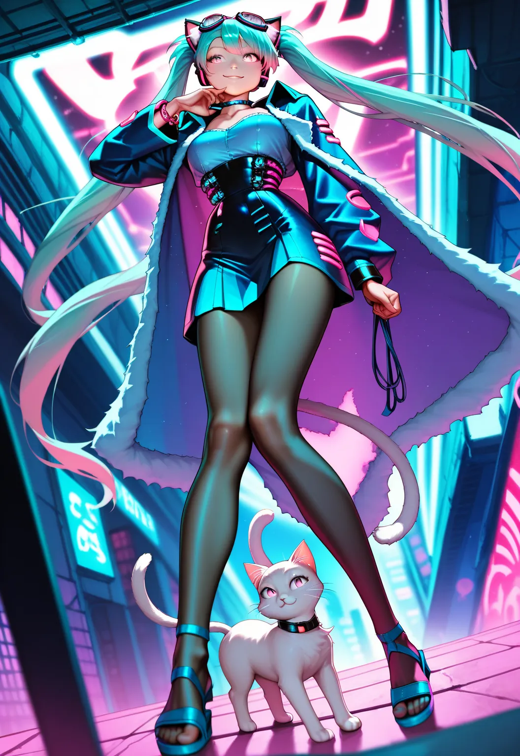   Hatsune Miku, ,long hair,twin tails from above , chest,  pink eye,  video viewers ,hip vent ,hair clips, bangs, Tying up hair ,  Sandals on the skin  , choker, big goggles on the head,kitten, Future Neon City,blue clothes ,dynamic pose,smile, Gold,kitten...