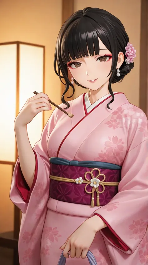 Mature female, black medium hair, blunt bangs, brown eyes, tall, mesugaki, smile, kimono, ringed eyes, long eyelashes, eyelashes, red eyeshadow, looking at viewer