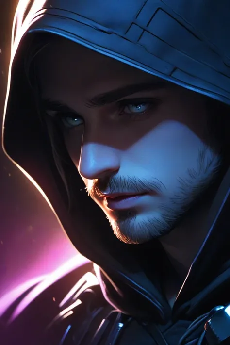 ,close-up of an elf in a hood and black light armor , , dark hood cinematic lighting,  robber, dressed as a rogue, Portrait of a thief,  still from a science fiction movie ,эльф- robber,Ryan Thomas Gosling ,  elf-like ears