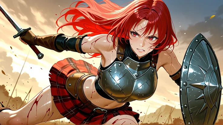 A fierce anime girl with short red hair, clad in a bronze chestplate that leaves her midriff bare and a short leather kilt, raising a hoplon shield on a battlefield, her body poised for combat, blood and sweat streaking her skin.