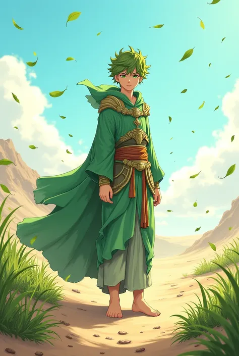 desert, sand, windy, greeneries growing everywhere, a powerful nature mage in the center, looking at viewer, leaves floating, levitating, in anime art style, hdres, wallpaper