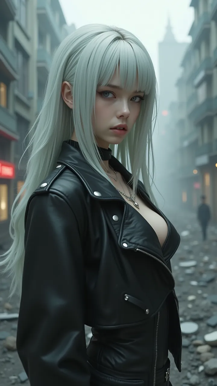 1 beautiful woman, young, jade eyes, (blush nose), detailed eyes, movie, Greg Rutkowski作, Yoji Shinkawa:0.6. Long straight silver white Hair, Defined Body, wears high neck leather jacket (((Super strong)), masterpiece, best quality, more details, ground, d...