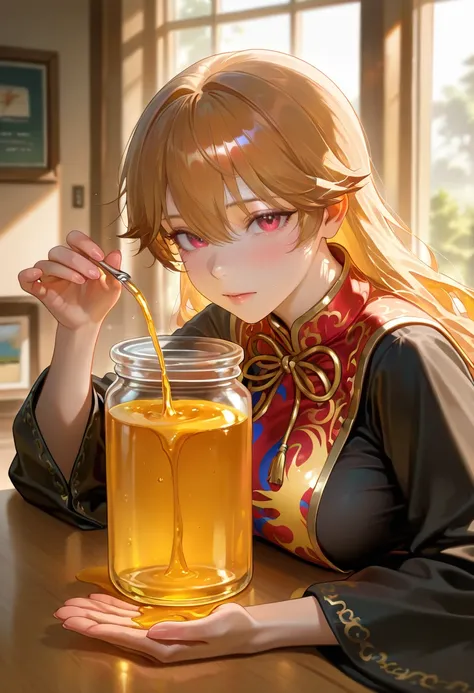 Morning Morning Sun Junko, So the picture depicts a girl squeezing a jar of honey in her hand, honey spreading over her hands and drops of honey visible on her clothes. 

This action takes place in a modern cafe at a table, in the background is the usual b...