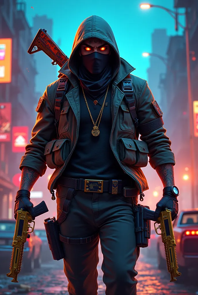 A fierce Free Fire gangster gamer stands in a neon-lit urban battlefield, armed to the teeth with fully loaded weapons. His dual-wielded gold-plated Desert Eagles shine under the glow of flickering streetlights, while a custom AK-47 with a dragon-themed sk...