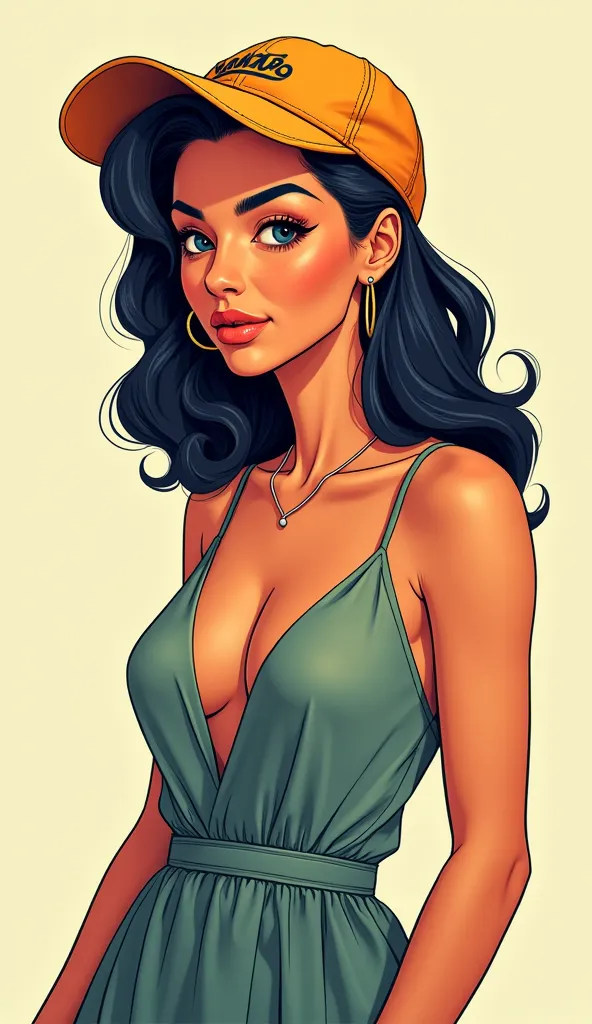 DISCREET image. with discreet casual clothes with a dress. image adult woman, american, comic book style. with a discreet smile. IMAGES WITH VIBRANT COLORS. with a cap. light color