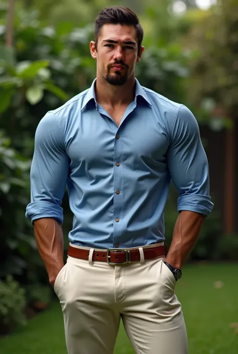 realistic photography, 35-year-old muscular (((athletic man))) , , view From below, nalgon in profile, stripe blue formal shirt and very tight light beige trousers, brown belt, in profile, Big butt, viendo a cámara,  black eyes, in the yard, sexy man, very...