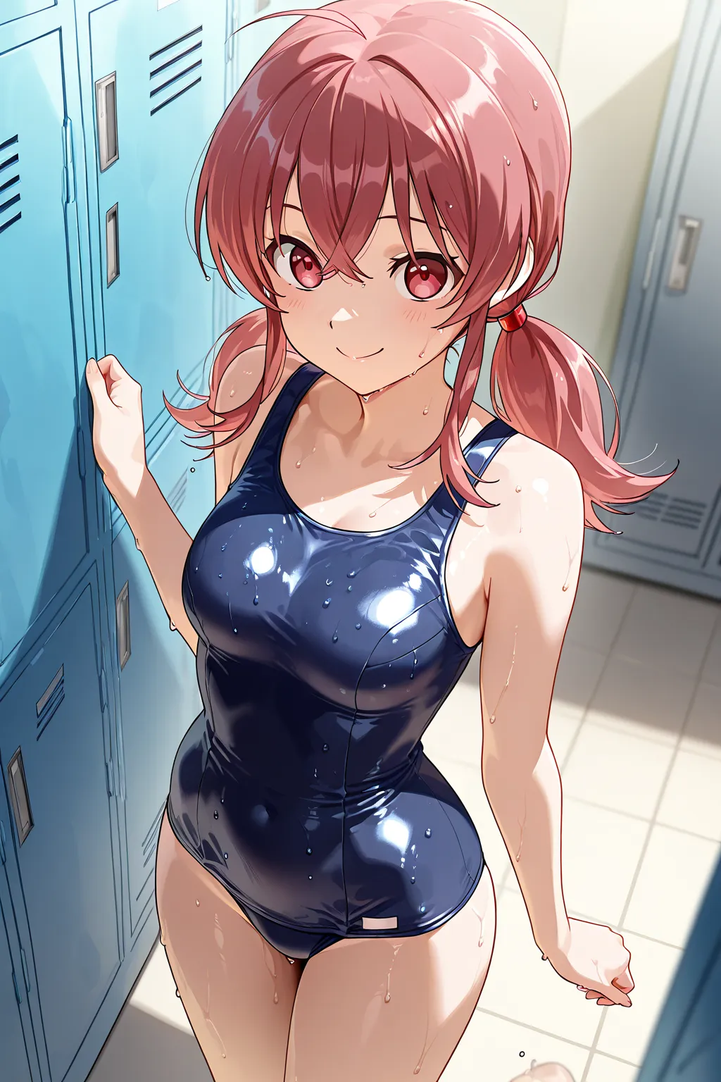 {{ masterpiece}}, {{{ perfect quality }}}, {{1 girl}}, Anime screen cap ,{{School swimsuit half-removed}}, twin tails from above, bangs ,longhair, {official style},Highest quality, great quality, is so beautiful,  is ridiculous ,{{Locker Room}},{{wet}},  {...