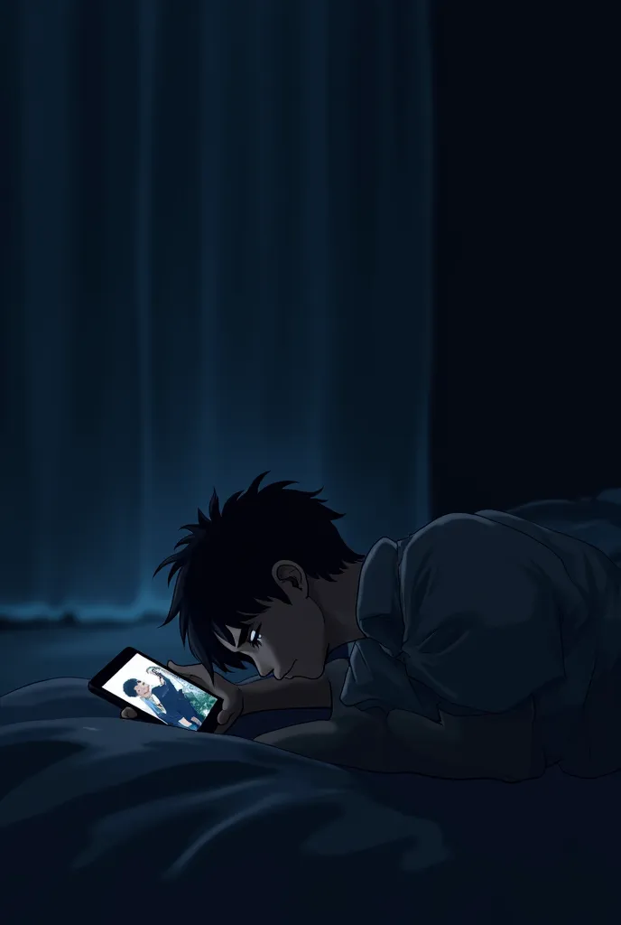 He makes an image in which there is a boy who is lying on the floor of his dark room the room is dimly lit and the curtains are closed with a small opening, the boy is holding a cell phone in his hand on the cell phone screen there is an image of his ex wi...